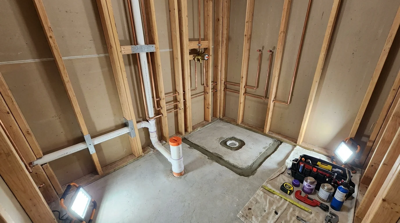 Bathroom rough-in plumbing during remodel by Johns Plumbing LLC in Jamestown