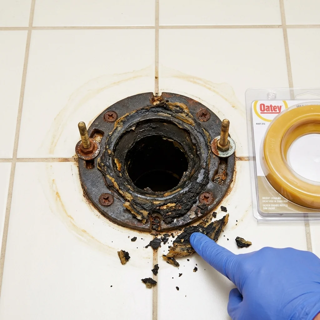 Failed wax ring showing water seepage at the base of a toilet in a Jamestown, KY home